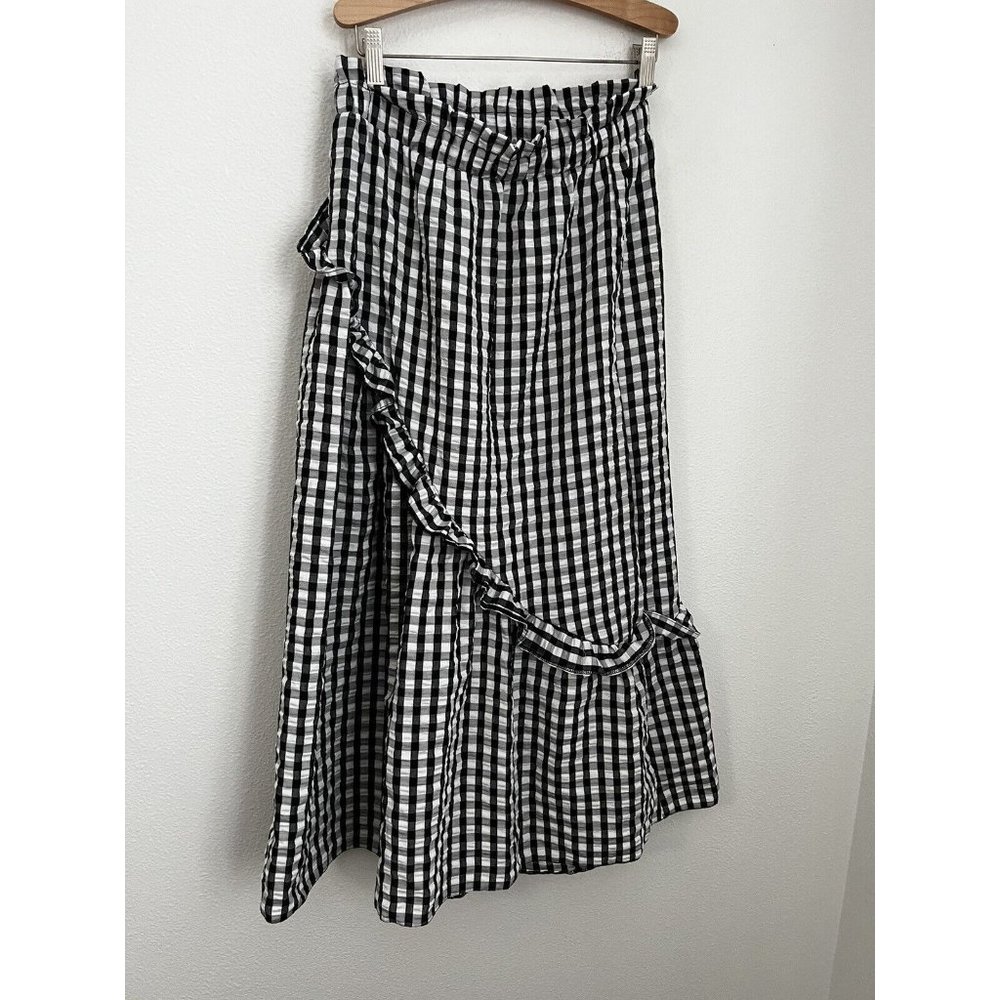 Reclaimed Vintage Maxi Skirt Womens Size 8 Black White Gingham Seersucker Ruffle